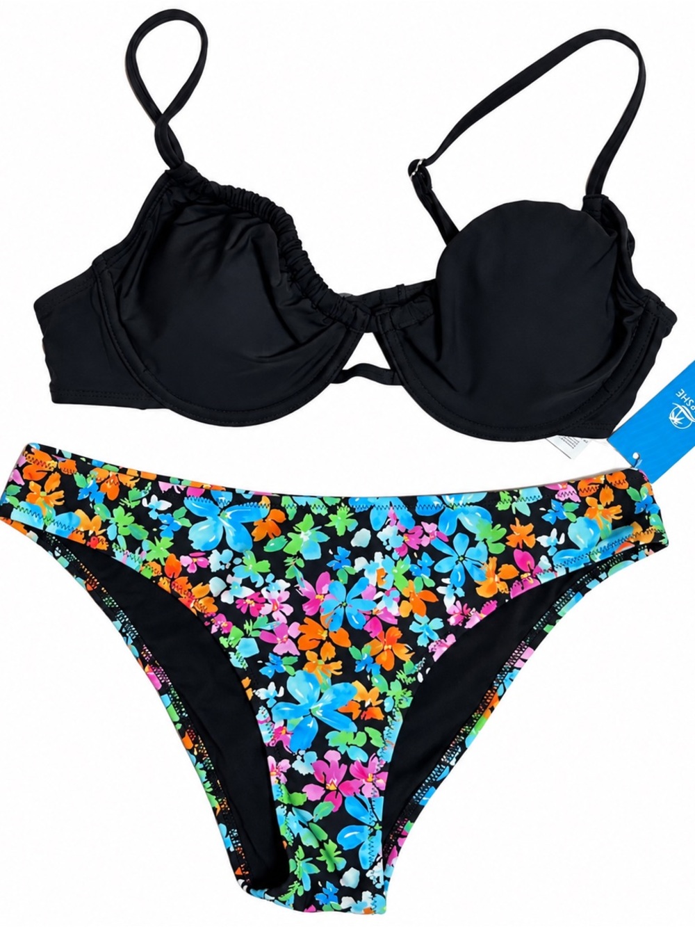 Cupshe Women 2 Piece Swimsuit M Black Multicolor Floral Underwire Bikini NWT